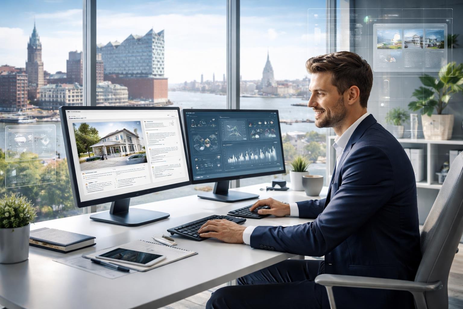 Ein Immobilienmakler arbeitet an einem Computer in einem modernen B&uuml;ro mit Blick auf die Hamburger Stadtlandschaft.