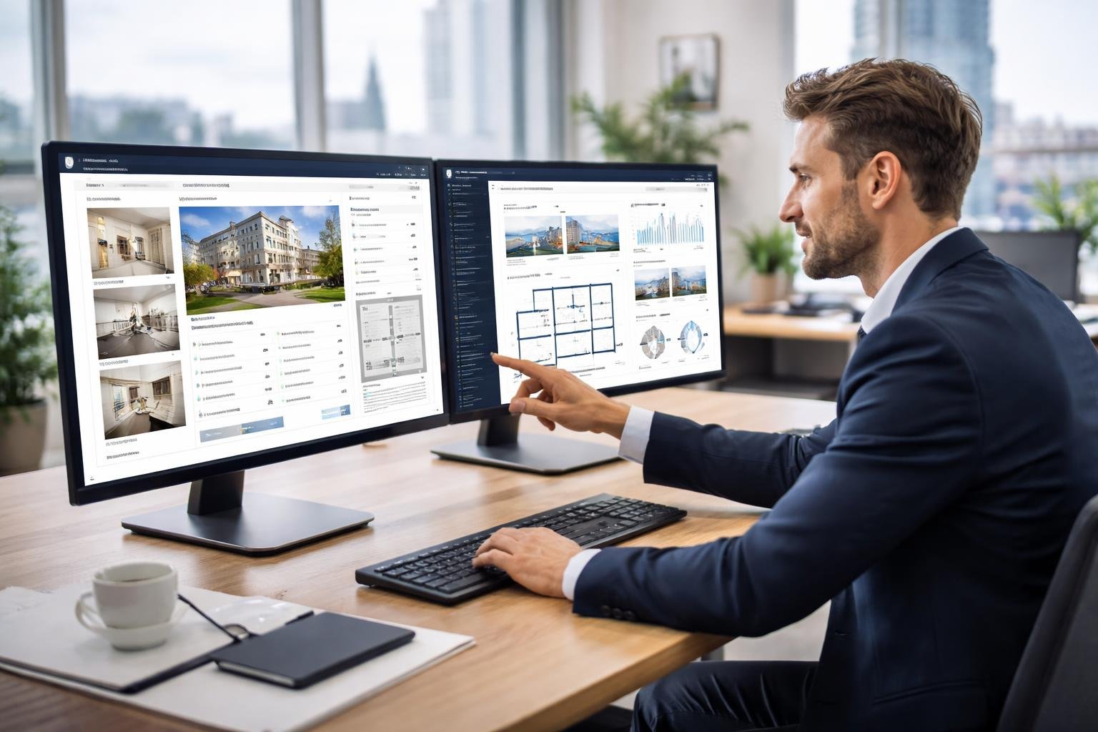 Ein Immobilienmakler arbeitet an einem Computer mit moderner Software zur automatisierten Expos&eacute;-Erstellung in einem B&uuml;ro mit Blick auf Hamburg.
