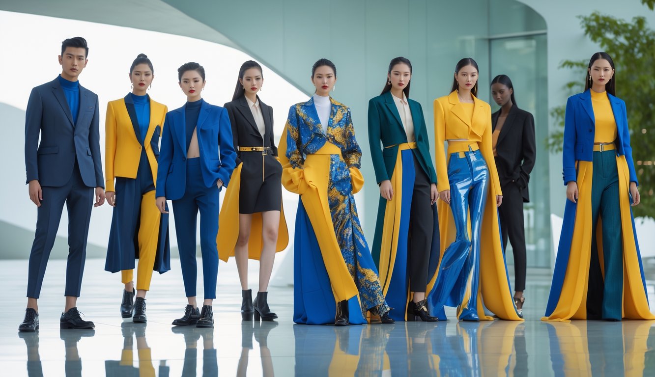 Sekelompok pria dan wanita berpose di lingkungan perkotaan modern mengenakan pakaian modis dan trendi.