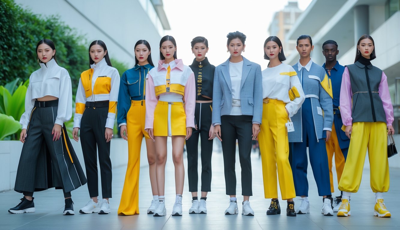 Sekelompok pria dan wanita berpakaian modis sedang berpose di lingkungan perkotaan modern.