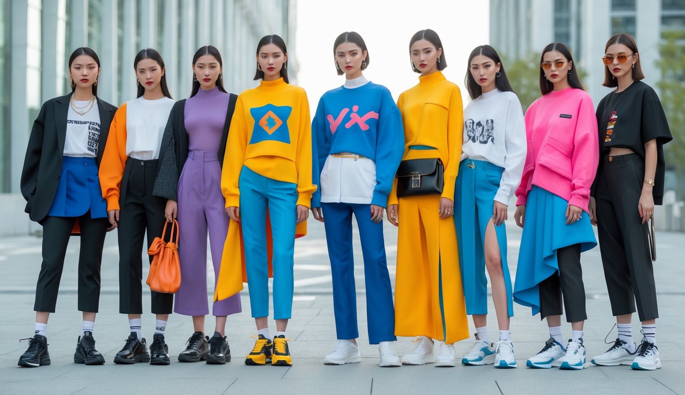 Sekelompok orang muda dengan berbagai pakaian modis berdiri di latar kota modern.