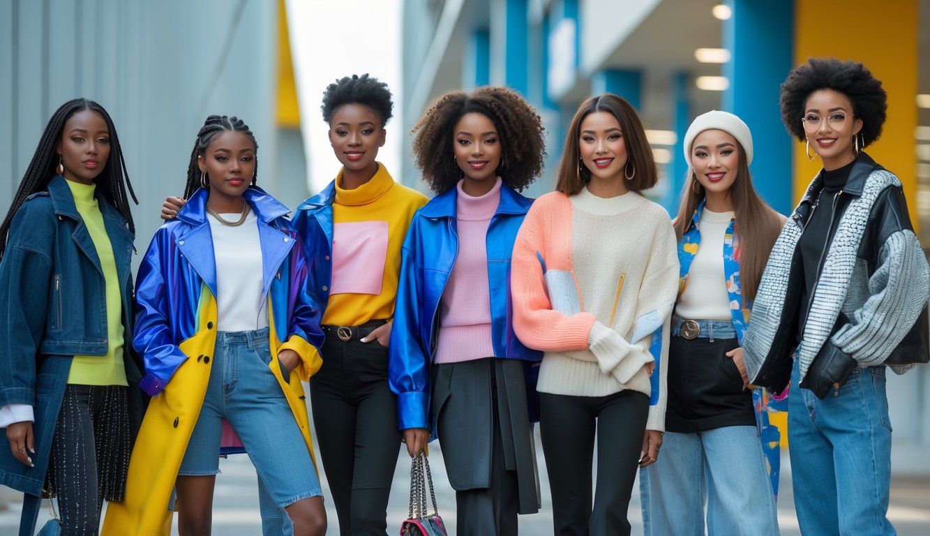 Sekelompok orang muda mengenakan pakaian modis dan beragam berdiri di lingkungan perkotaan yang modern.