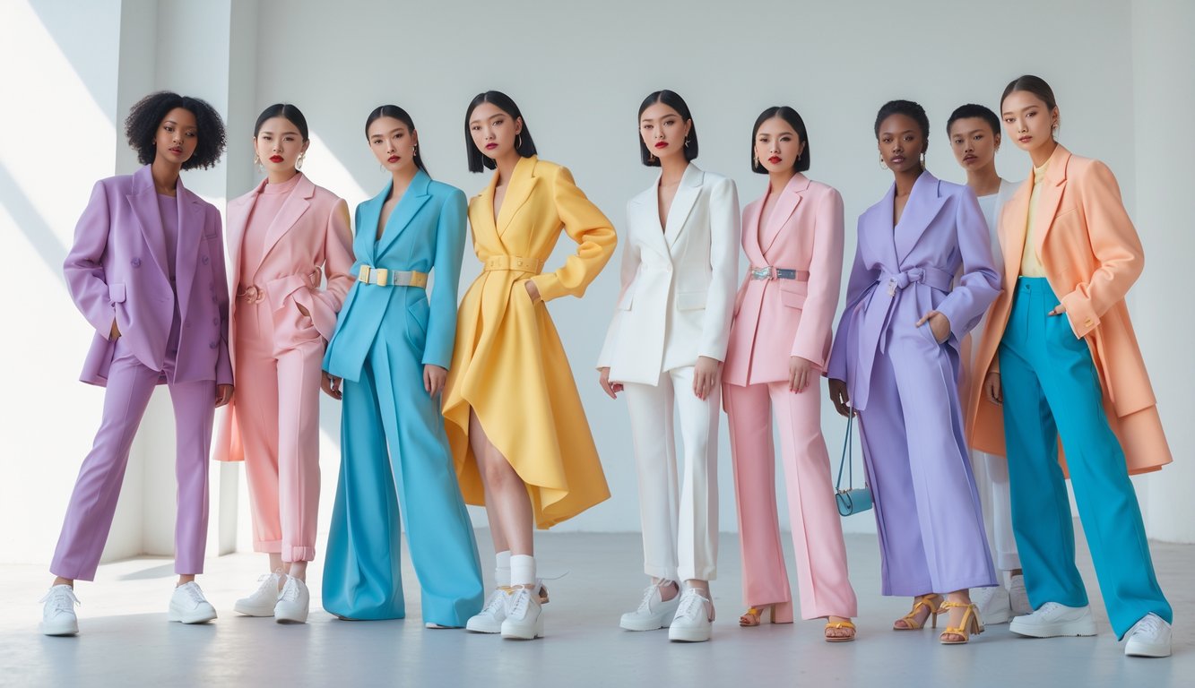 Sekelompok pria dan wanita mengenakan pakaian berwarna-warni dan model terkini sedang berpose di lingkungan perkotaan yang terang dan minimalis.