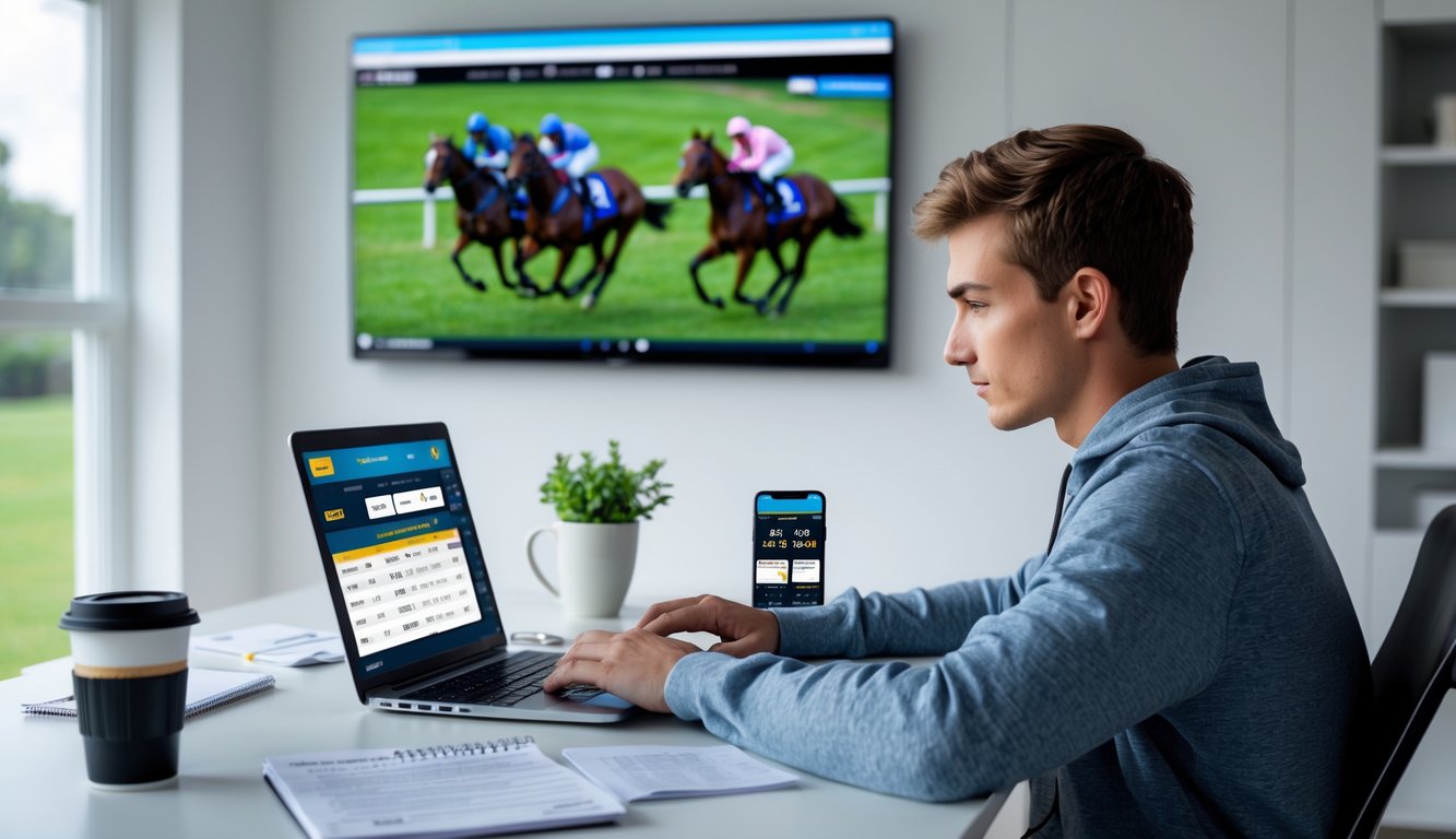 Seorang pemuda duduk di meja dengan laptop dan layar besar menampilkan balapan kuda, sedang fokus belajar strategi judi balap kuda online.