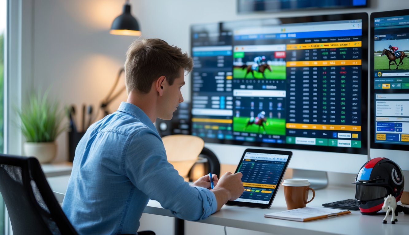 Seorang pemuda sedang duduk di meja dengan beberapa layar menampilkan data balap kuda dan video langsung, sambil mencatat dan menganalisis strategi taruhan balap kuda online.