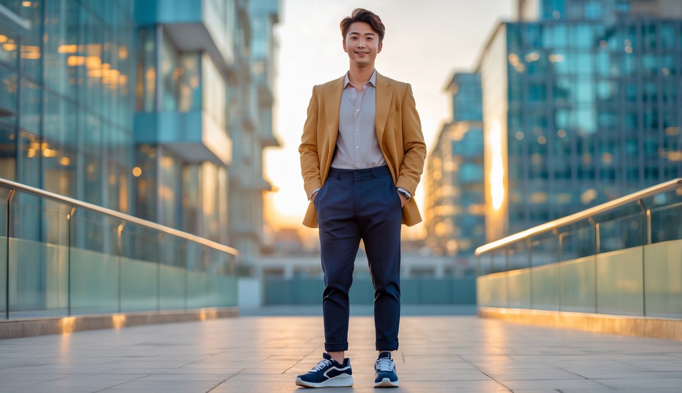 Seorang dewasa muda berdiri di lingkungan perkotaan modern dengan pakaian modis, tersenyum dan terlihat percaya diri.