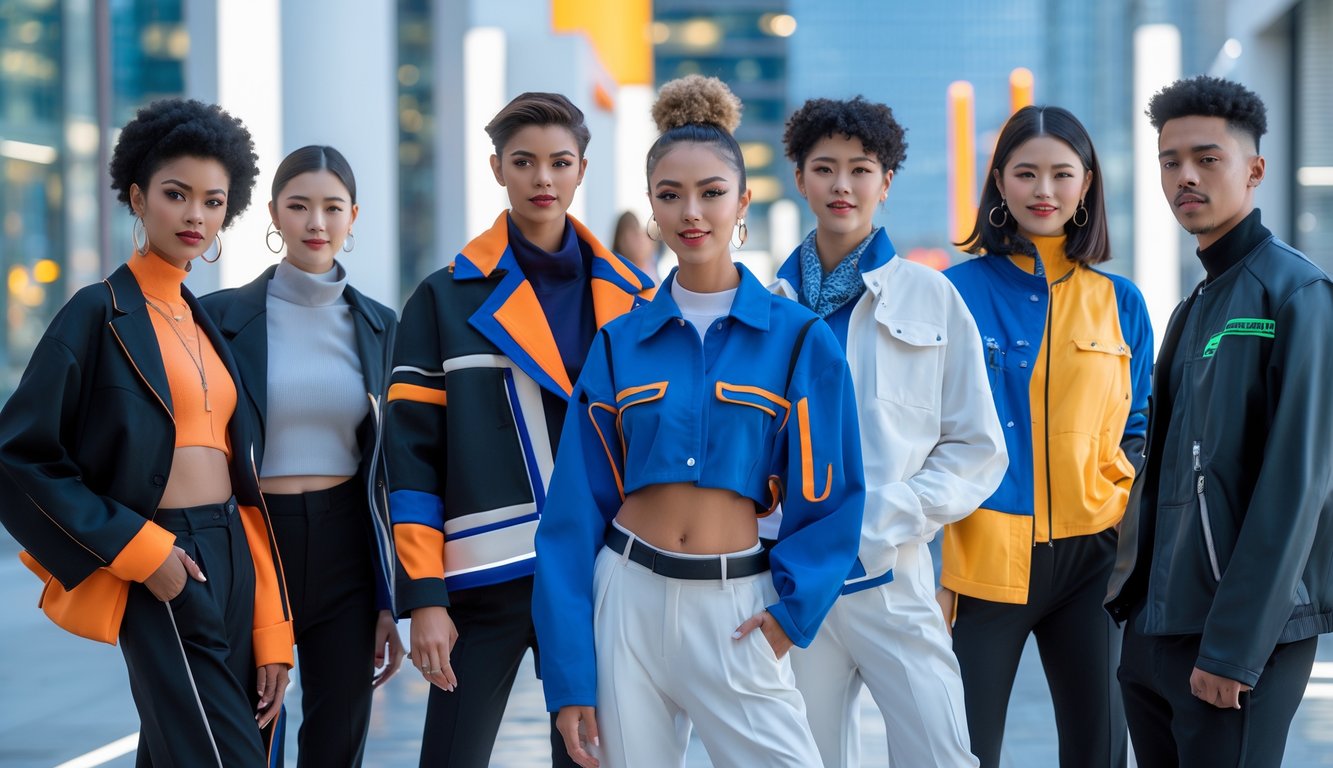 Sekelompok orang muda berpakaian modis sedang berdiri di lingkungan kota modern dengan latar belakang arsitektur dan lampu kota.