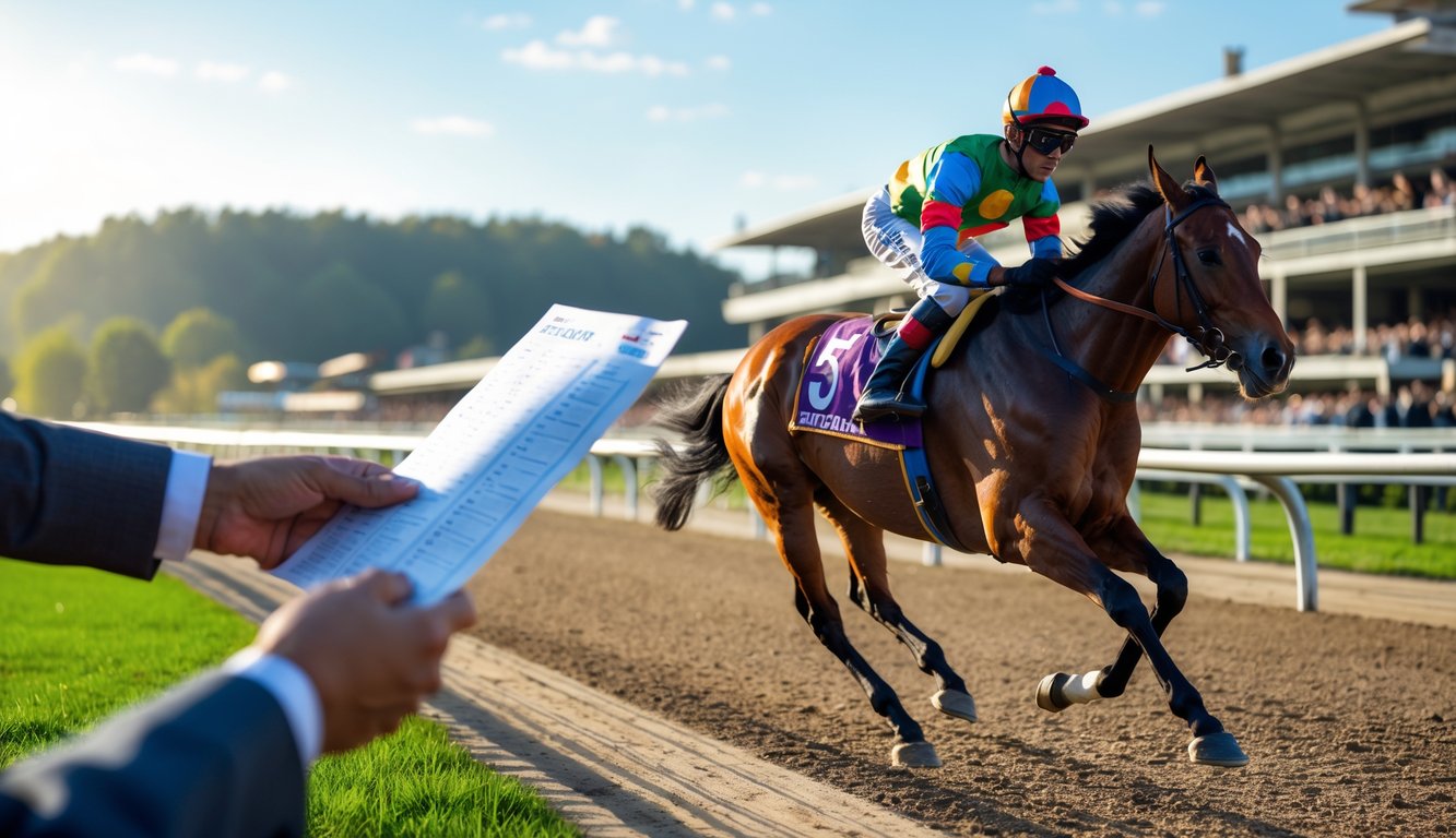 Seorang joki menunggang kuda pacu yang sedang berlari kencang di lintasan balap dengan penonton di latar belakang.