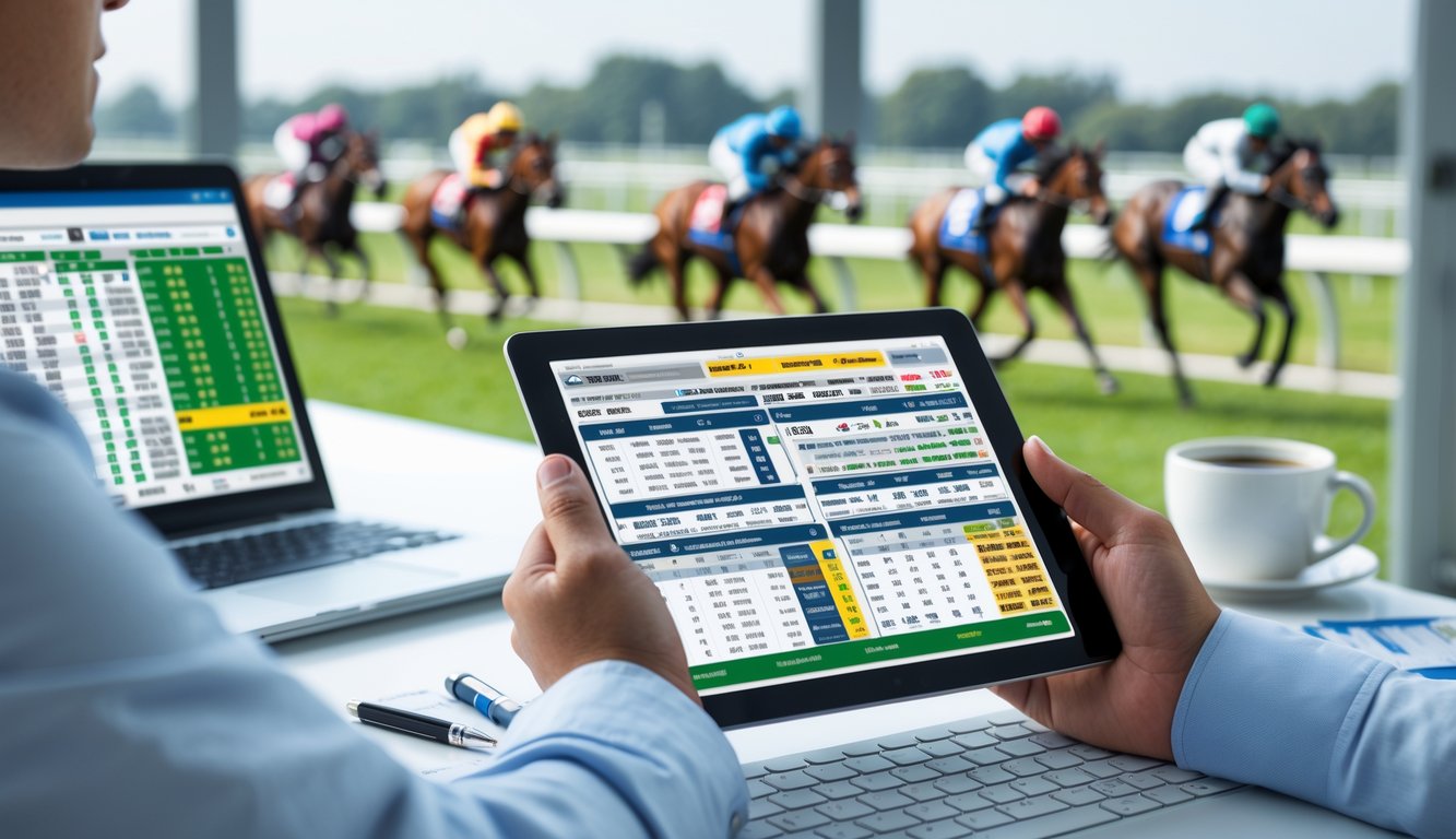 Seseorang sedang menganalisis data balap kuda menggunakan tablet dan laptop di meja dengan latar belakang lintasan balap kuda.