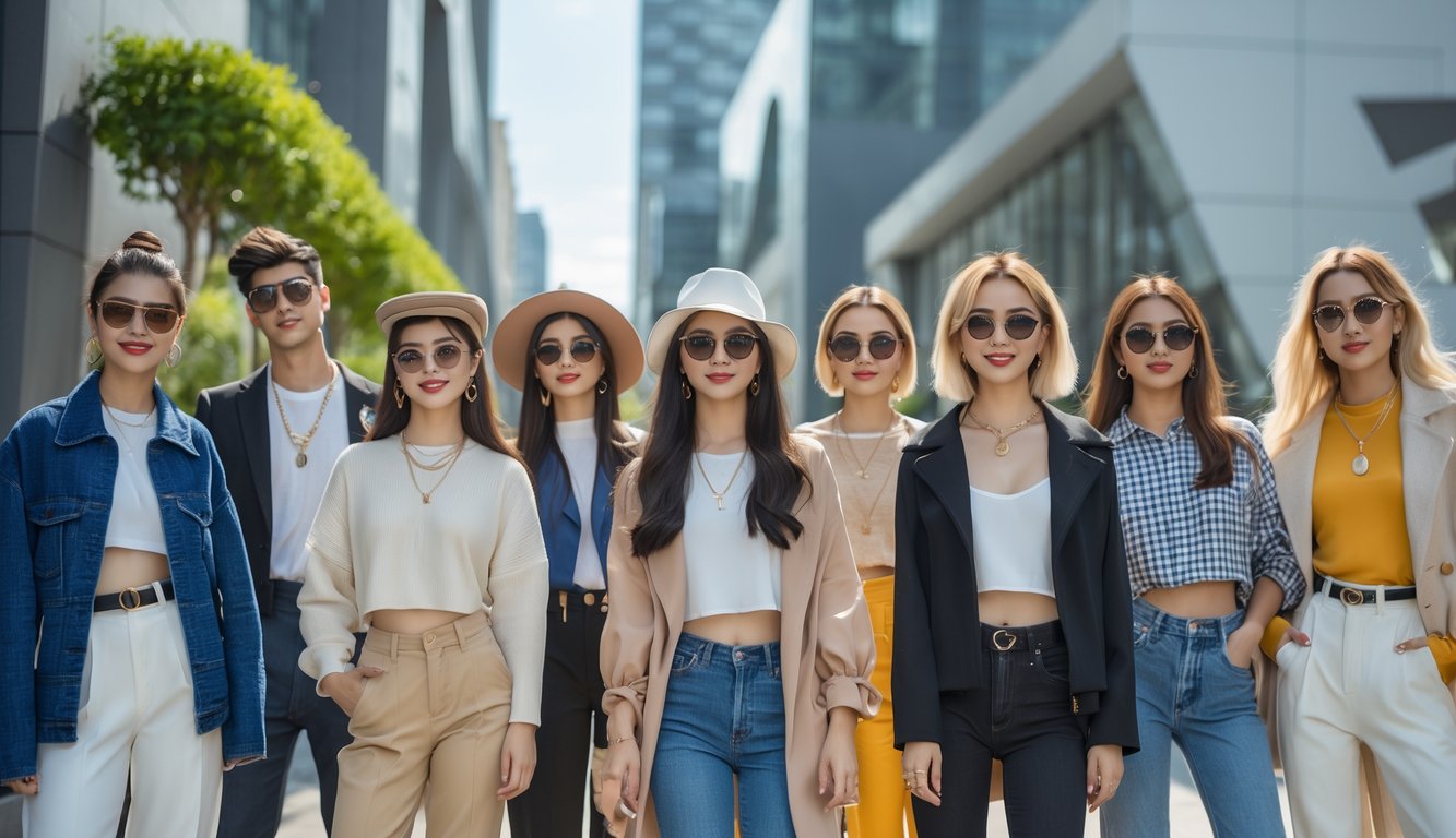 Sekelompok orang muda berpakaian modis sedang berdiri di jalan kota yang modern.