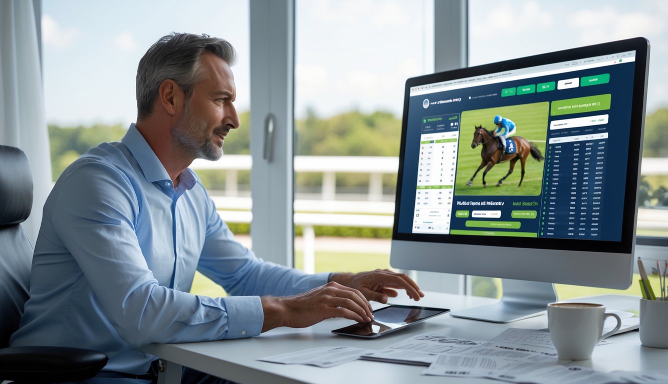Seorang pria dewasa duduk di meja dengan laptop dan monitor yang menampilkan situs taruhan balap kuda online, di ruang kerja yang terang dengan jendela yang menunjukkan lintasan balap kuda di luar.