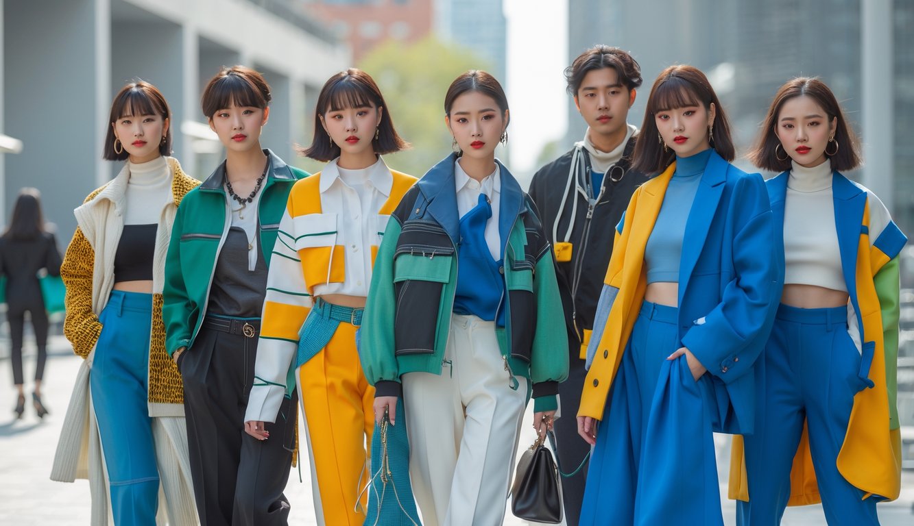 Sekelompok orang muda berpakaian modis sedang berpose di lingkungan perkotaan modern.