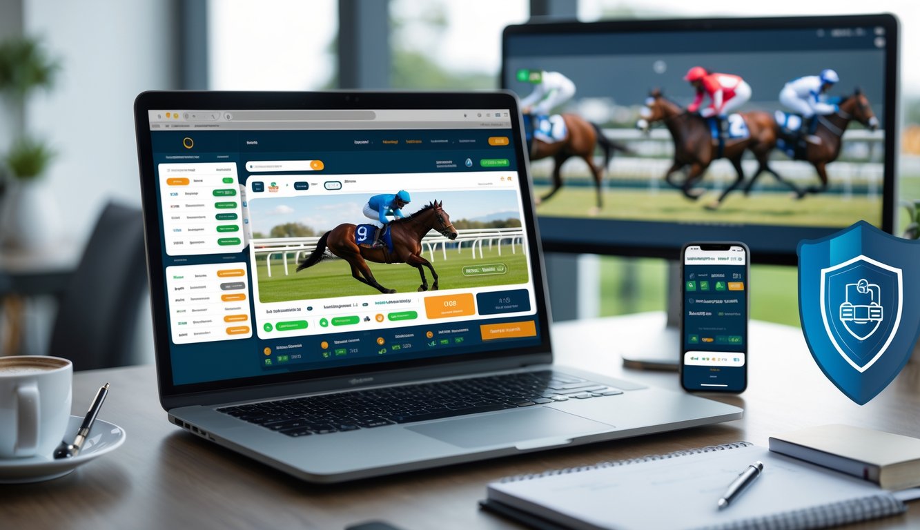 Meja kerja dengan laptop yang menampilkan antarmuka taruhan balap kuda online, smartphone, dan secangkir kopi, dengan layar monitor di latar belakang yang menampilkan balapan kuda.