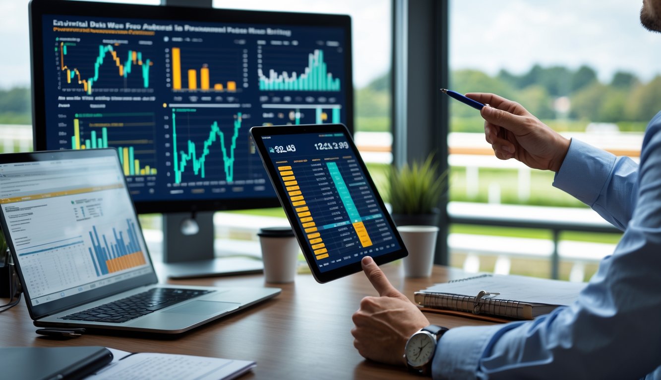 Seorang analis sedang memeriksa data statistik balap kuda di kantor dengan layar digital dan latar belakang lintasan balap kuda.