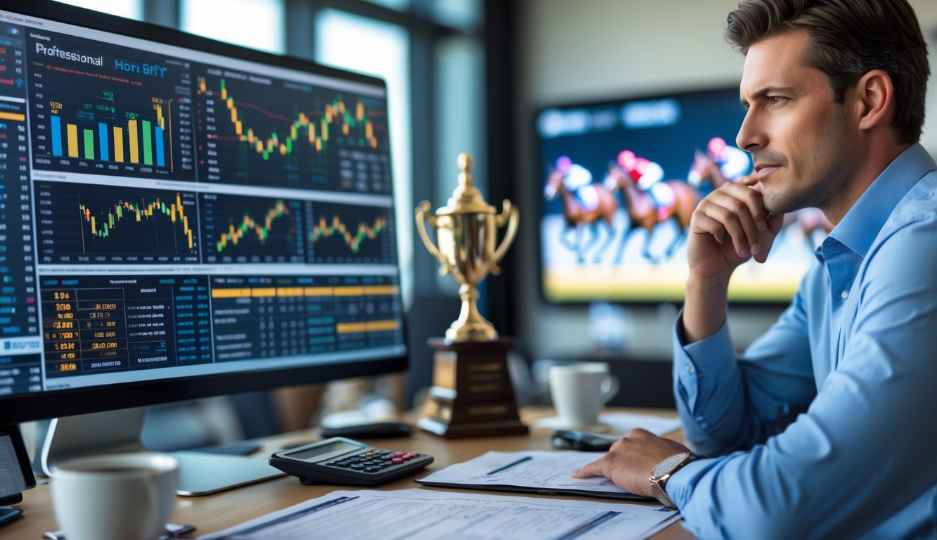 Seorang profesional sedang menganalisis data statistik balap kuda di kantor dengan layar komputer besar dan grafik yang terlihat.