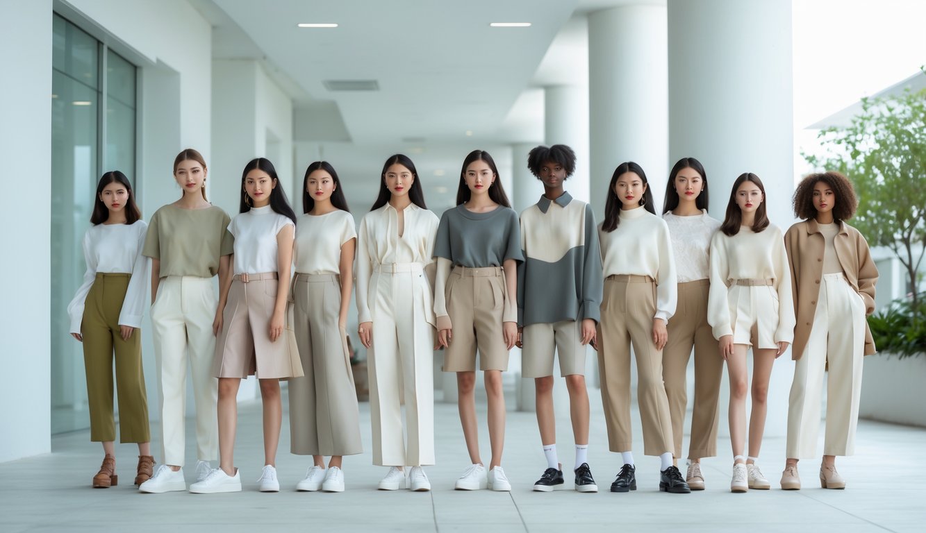 Sekelompok orang muda berpakaian sederhana namun elegan di lingkungan perkotaan yang terang dan modern.