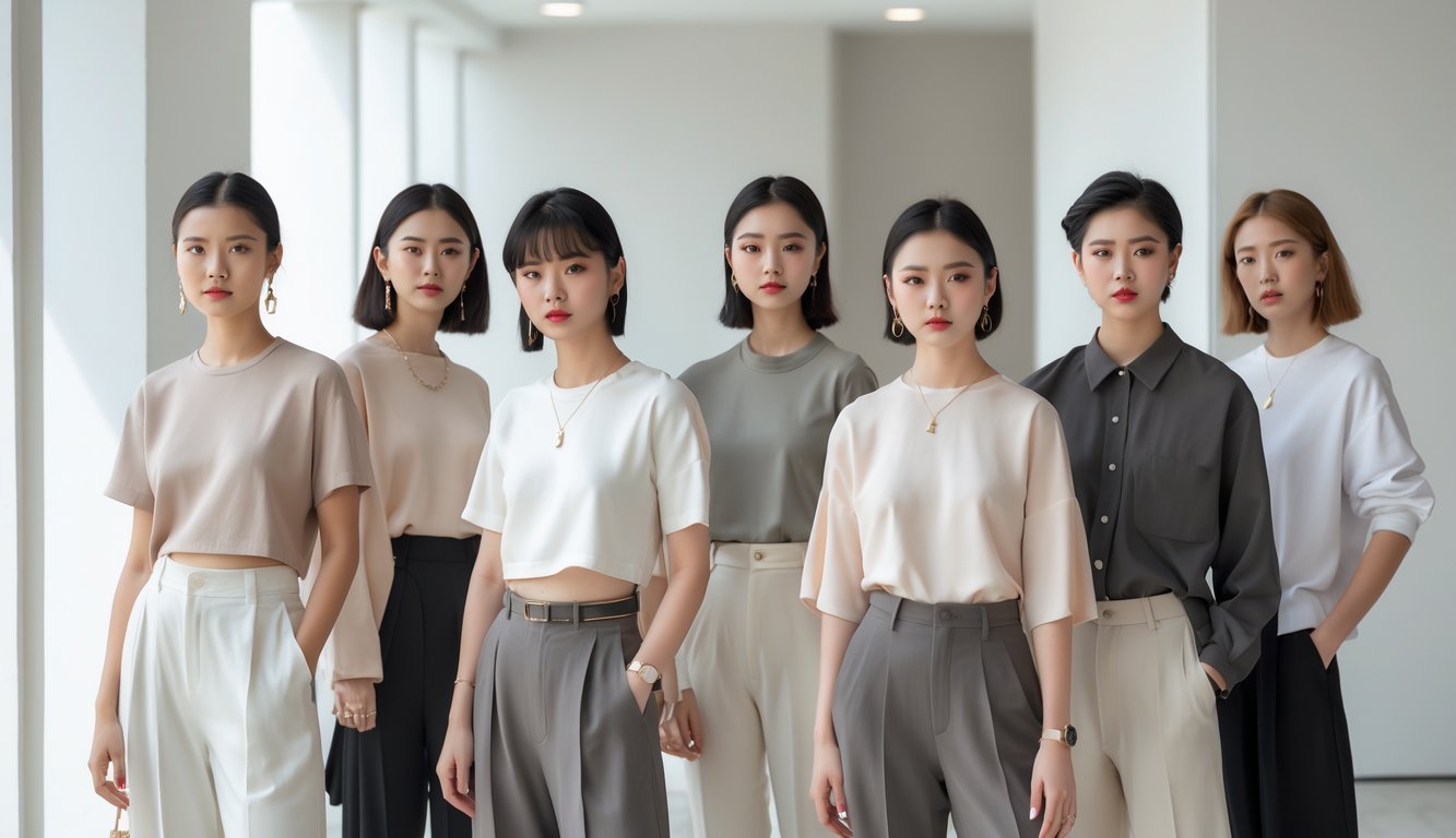 Sekelompok orang muda di lingkungan perkotaan mengenakan pakaian sederhana dan elegan dengan latar belakang minimalis.