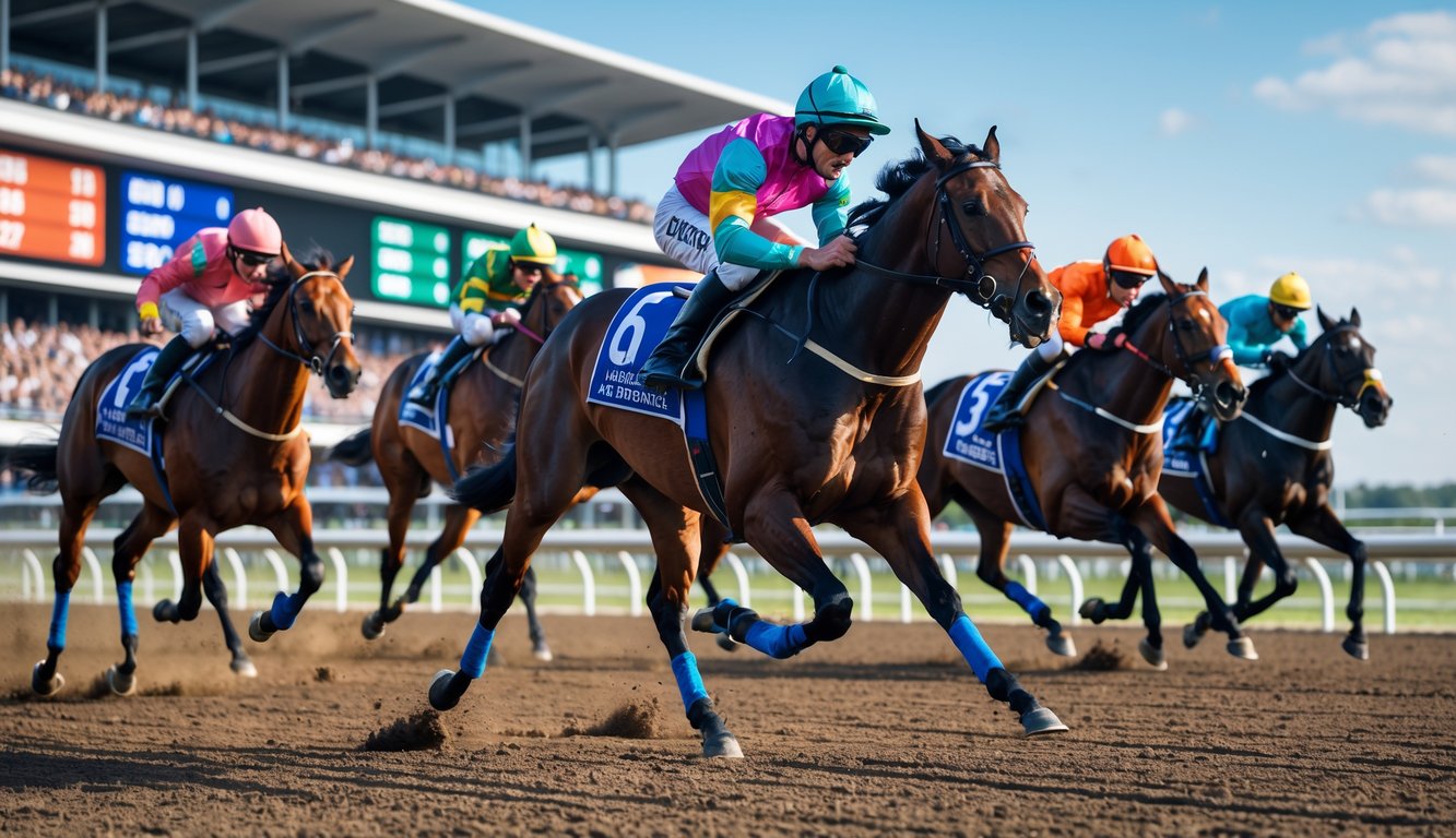 Beberapa kuda pacuan dengan joki sedang berlari cepat di lintasan balap dengan penonton di tribun dan layar digital di latar belakang.