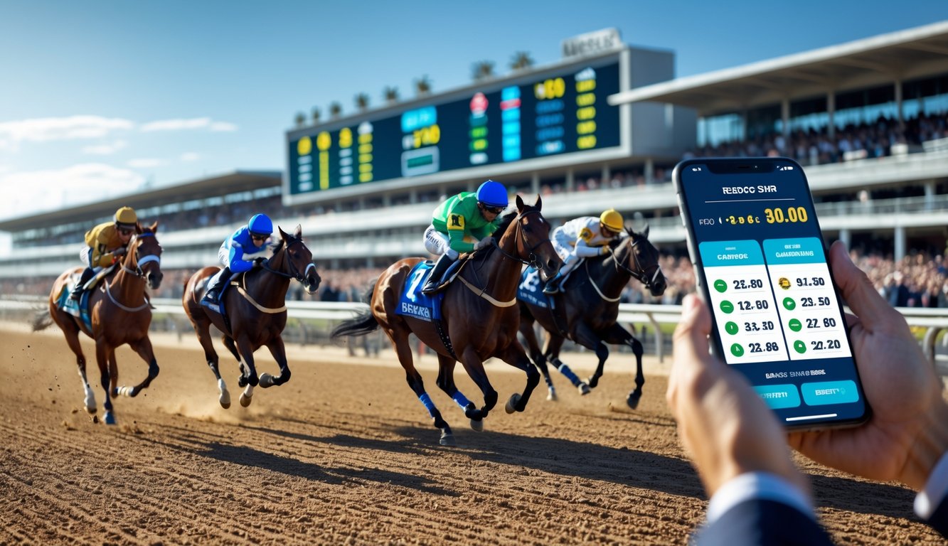 Adegan balap kuda dengan beberapa kuda dan joki berlari di lintasan, penonton di tribun, dan seorang petaruh memegang ponsel.