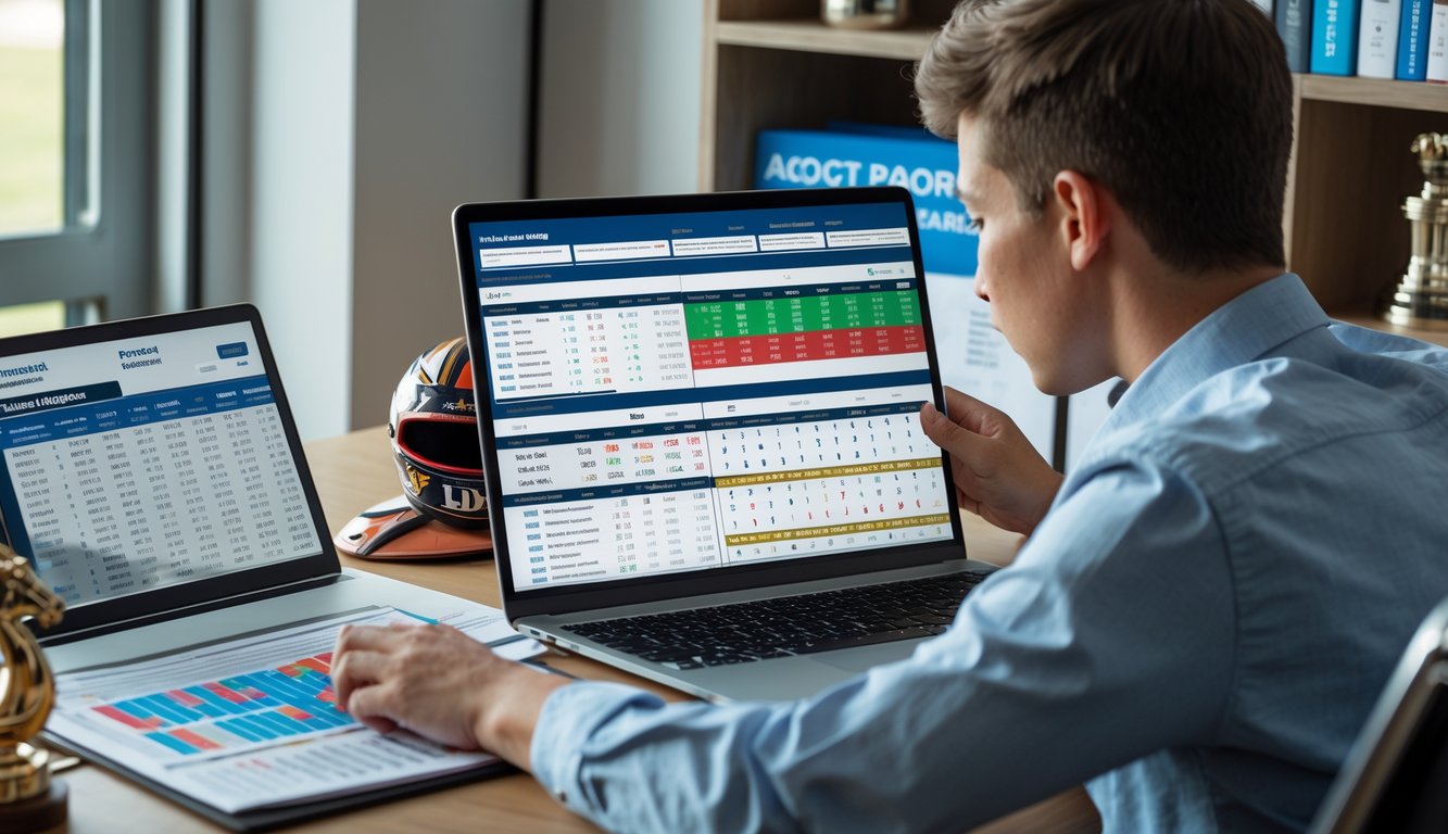 Seseorang sedang mempelajari panduan balap kuda dengan grafik dan data di meja kerja.