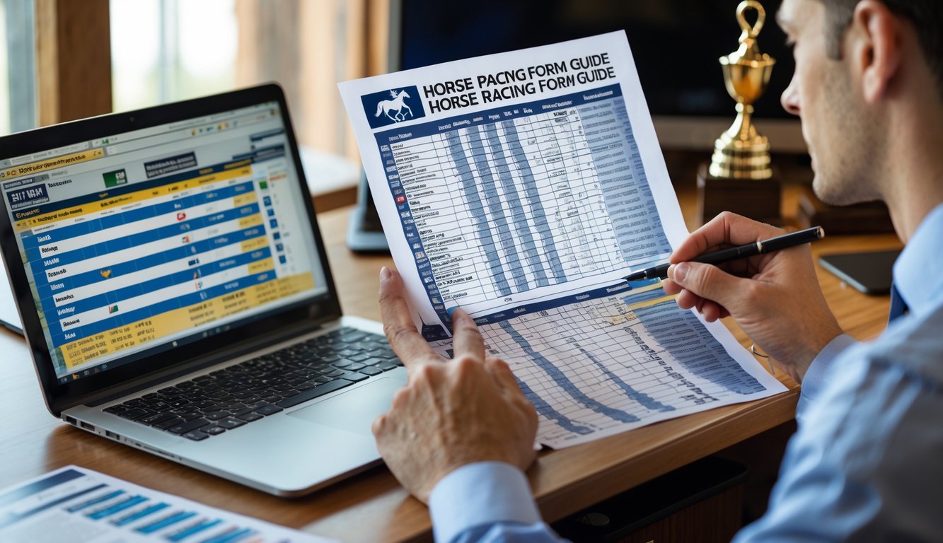 Seorang pria sedang memeriksa lembar panduan balap kuda di meja kerja dengan laptop dan peralatan terkait balap kuda di sekitarnya.