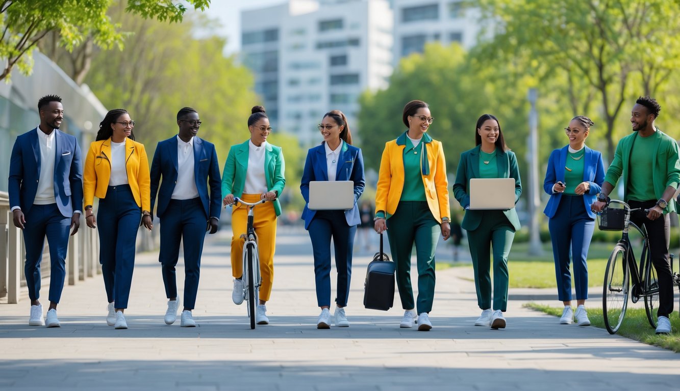 Sekelompok orang dengan berbagai pakaian sehari-hari sedang beraktivitas di area perkotaan yang cerah dan hijau.
