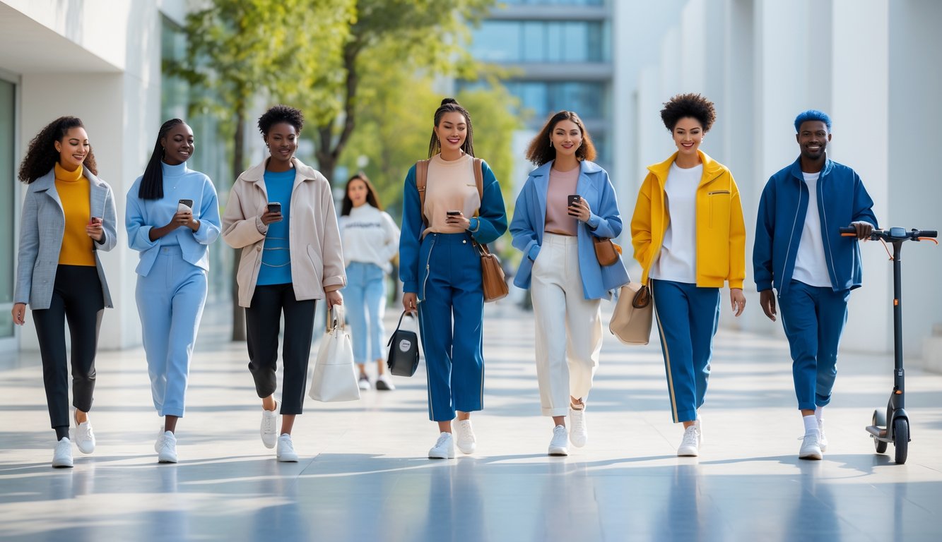 Beberapa orang muda dengan pakaian modis berjalan dan beraktivitas di lingkungan kota yang modern.