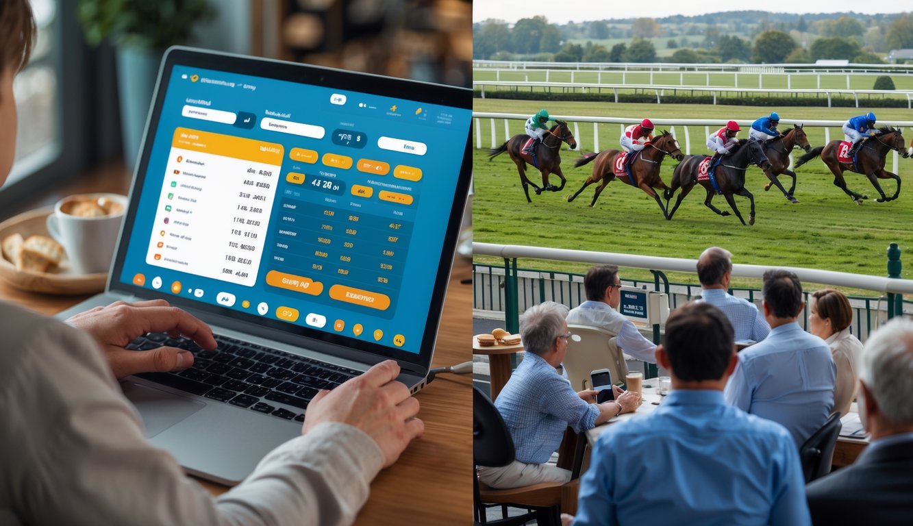 Seseorang menggunakan laptop untuk bertaruh balap kuda secara online di dalam ruangan, dan di sisi lain orang-orang menonton balap kuda langsung di arena dengan kuda dan joki berlomba.