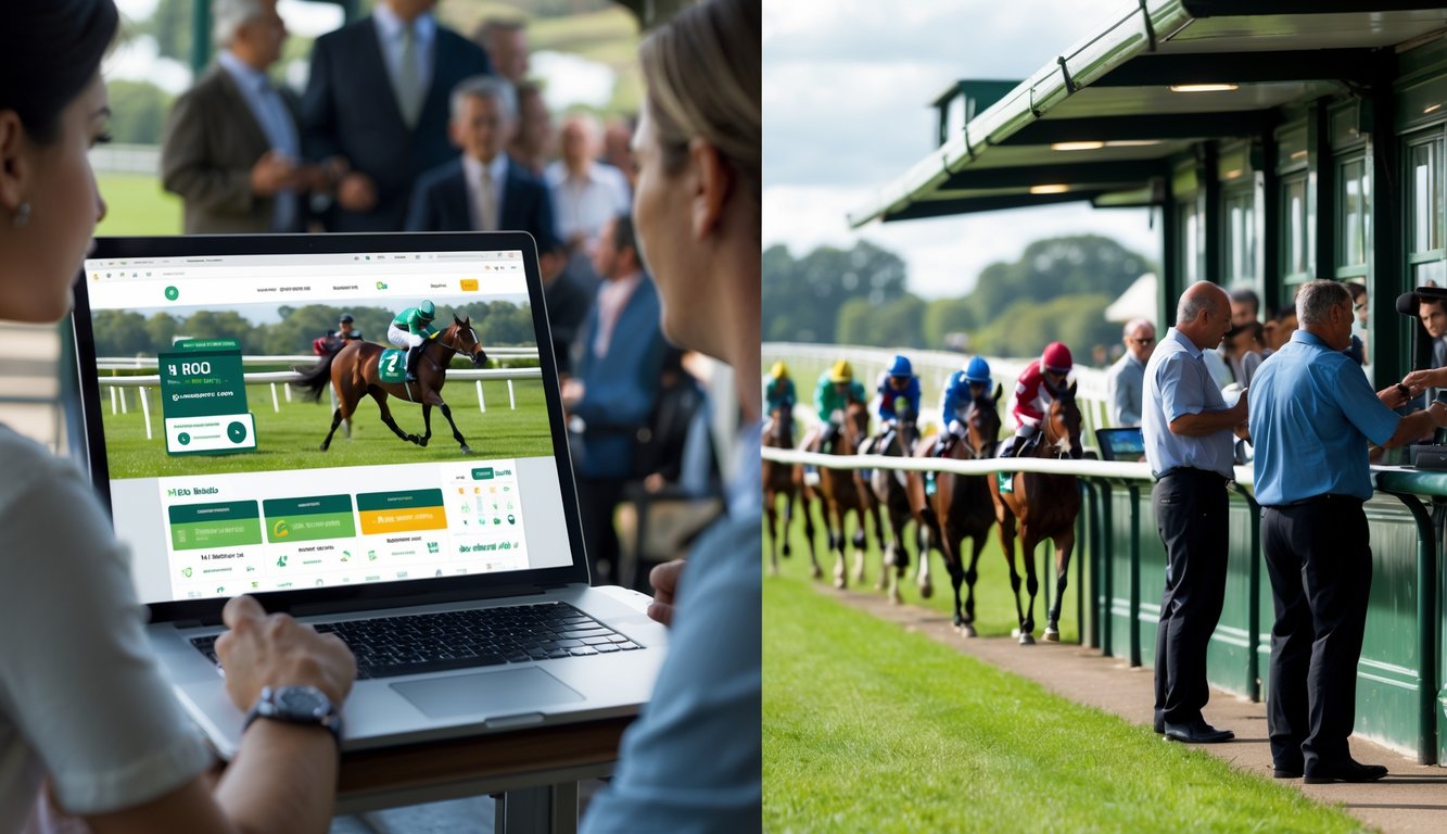 Seseorang memasang taruhan balap kuda secara online menggunakan perangkat digital di sebelah kiri, dan suasana balap kuda serta orang-orang bertaruh secara langsung di arena balap di sebelah kanan.