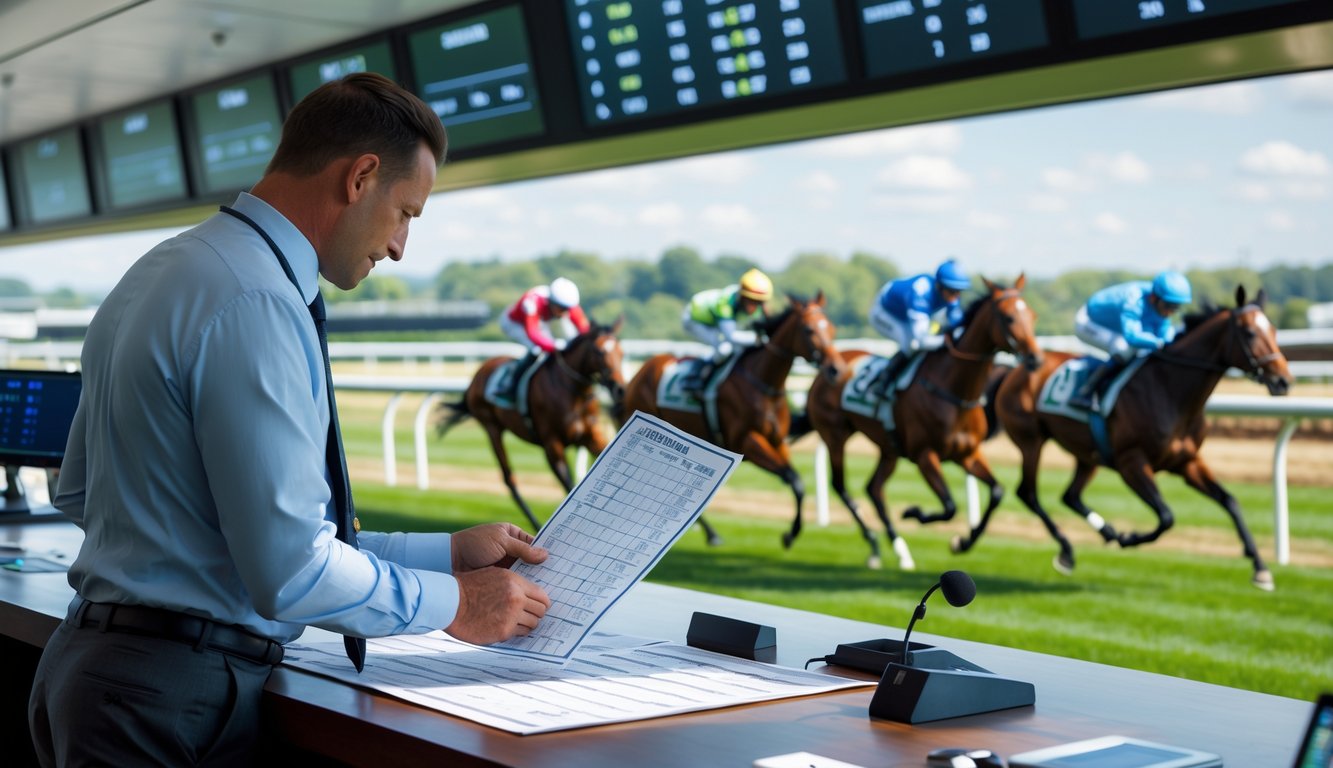 Seorang petaruh di arena balap kuda sedang memeriksa slip taruhan dengan latar belakang kuda-kuda balap yang sedang berlari di lintasan hijau.