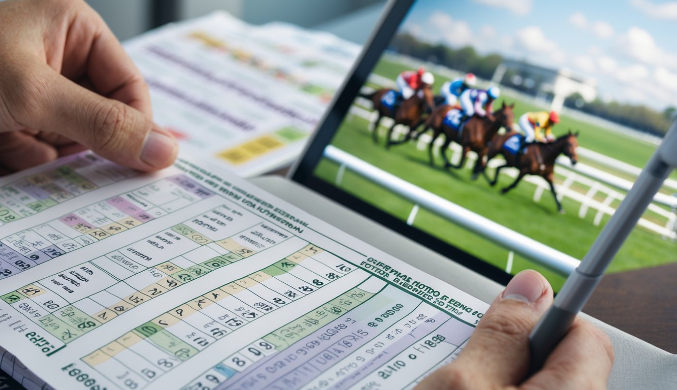 Seorang pria sedang menganalisis slip taruhan dan panduan balap kuda dengan latar belakang lintasan balap dan kuda yang sedang berlari.