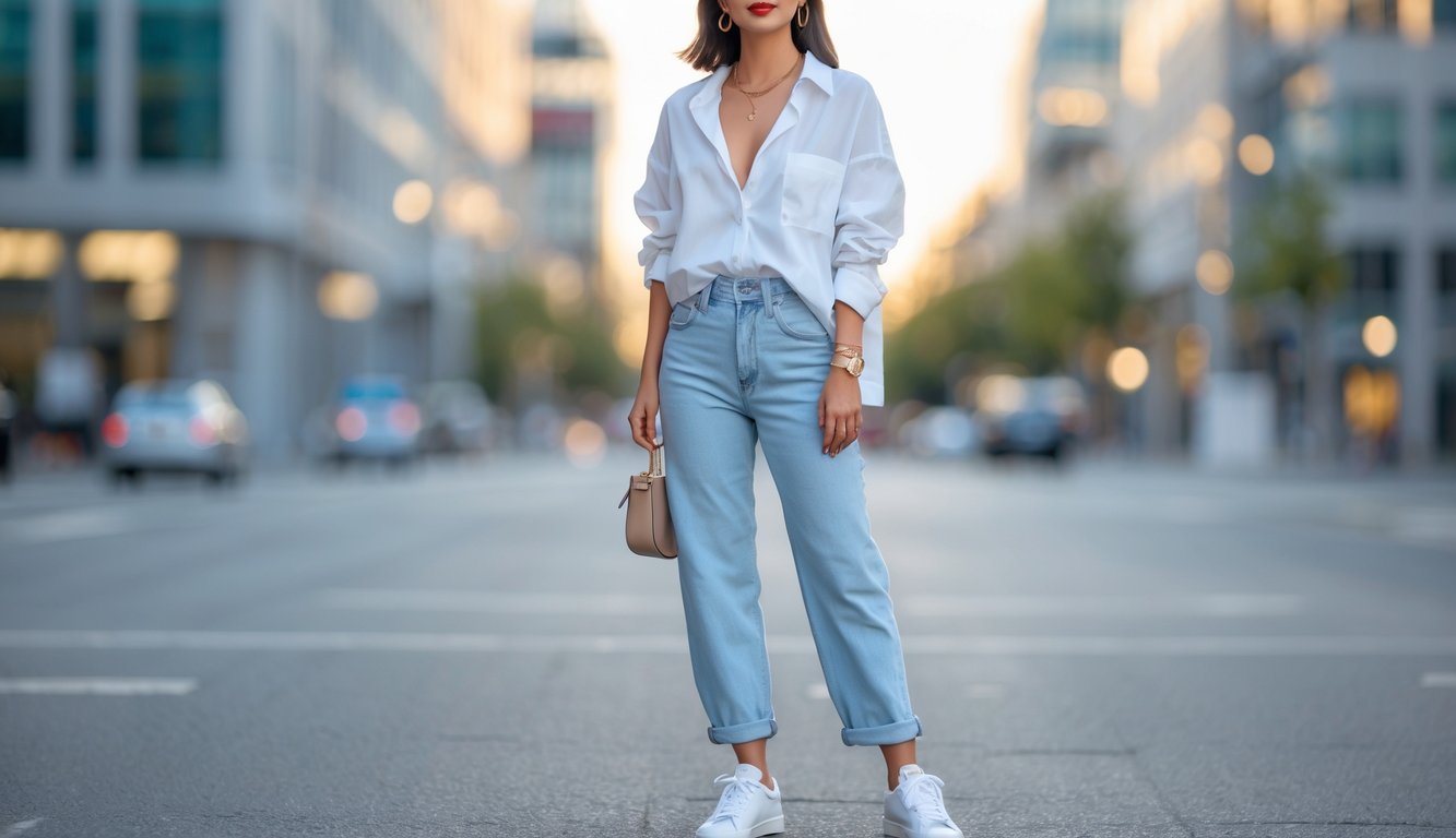 Seorang wanita muda berdiri di jalan kota mengenakan pakaian kasual sederhana dan stylish.
