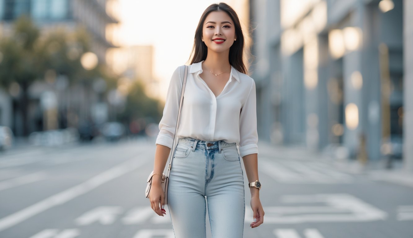 Seorang wanita muda berdiri di latar kota dengan pakaian kasual yang modis dan sederhana.