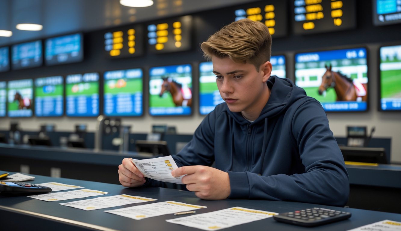Seorang pemula sedang menganalisis slip taruhan dan program balap kuda di sebuah konter taruhan dengan layar besar menampilkan balapan kuda di latar belakang.