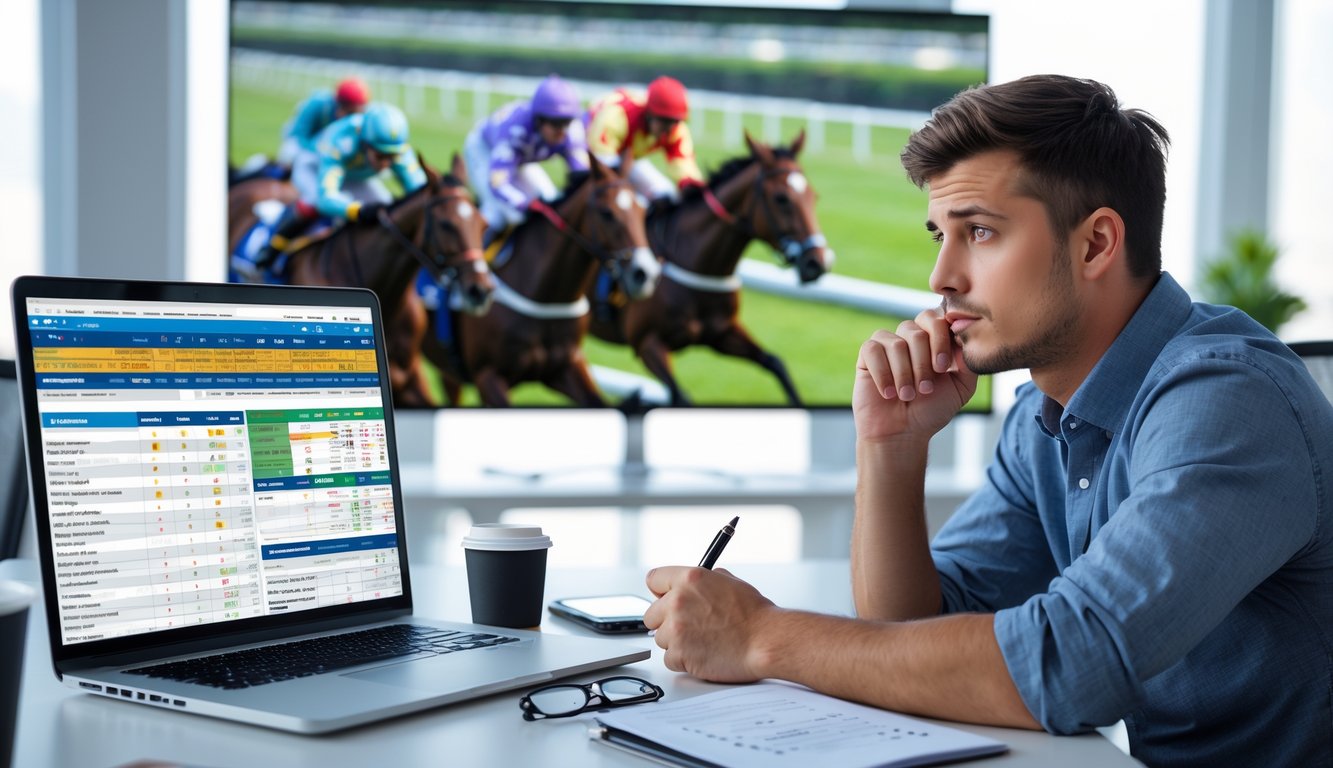 Seorang pria muda duduk di meja dengan laptop dan catatan, memperhatikan data balap kuda di layar besar di latar belakang.
