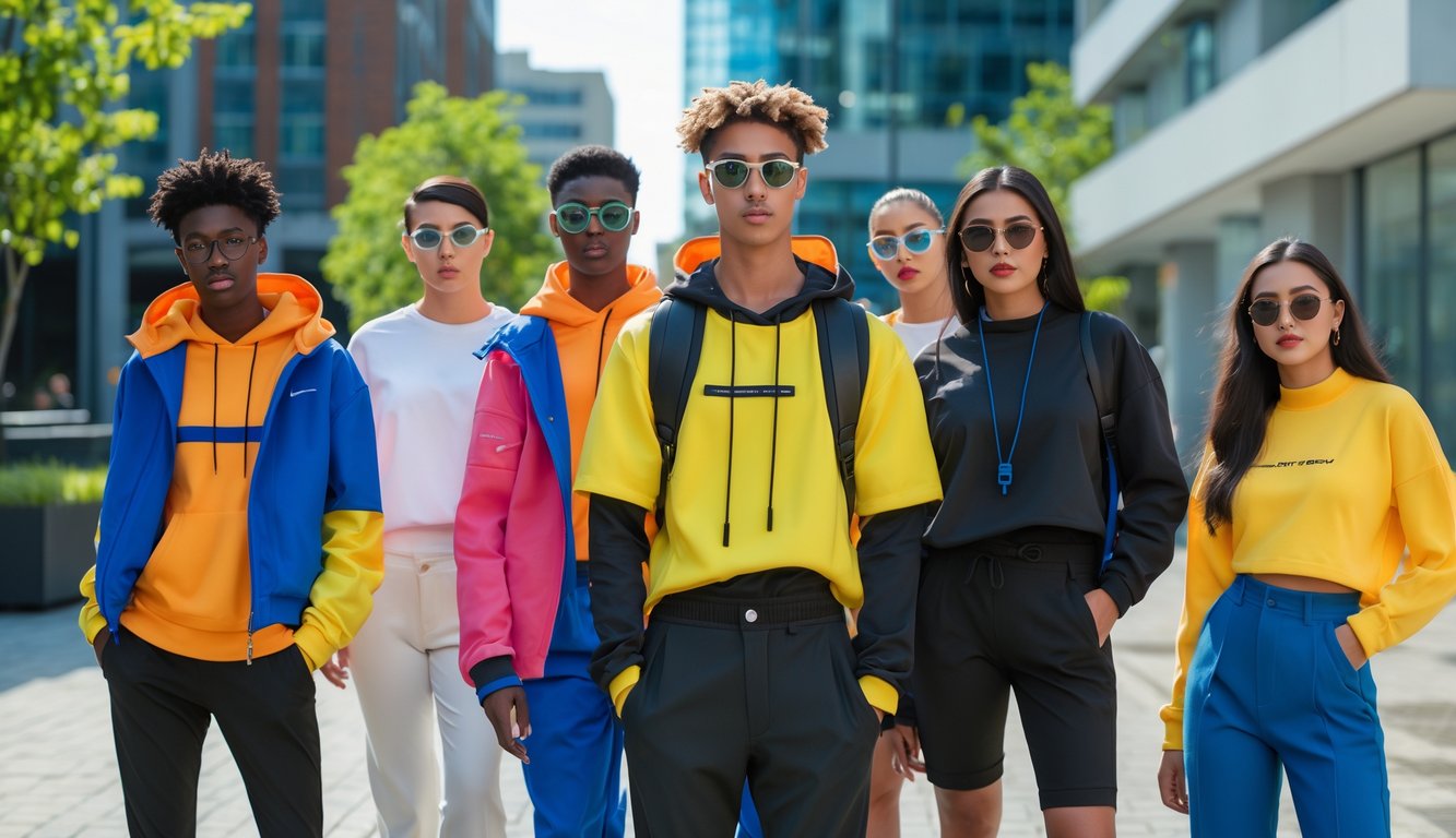 Sekelompok orang muda dengan pakaian trendi sedang berpose di trotoar kota dengan latar gedung dan tanaman.