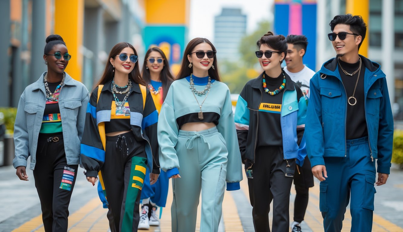 Sekelompok orang muda mengenakan pakaian trendi berjalan di lingkungan perkotaan yang modern.