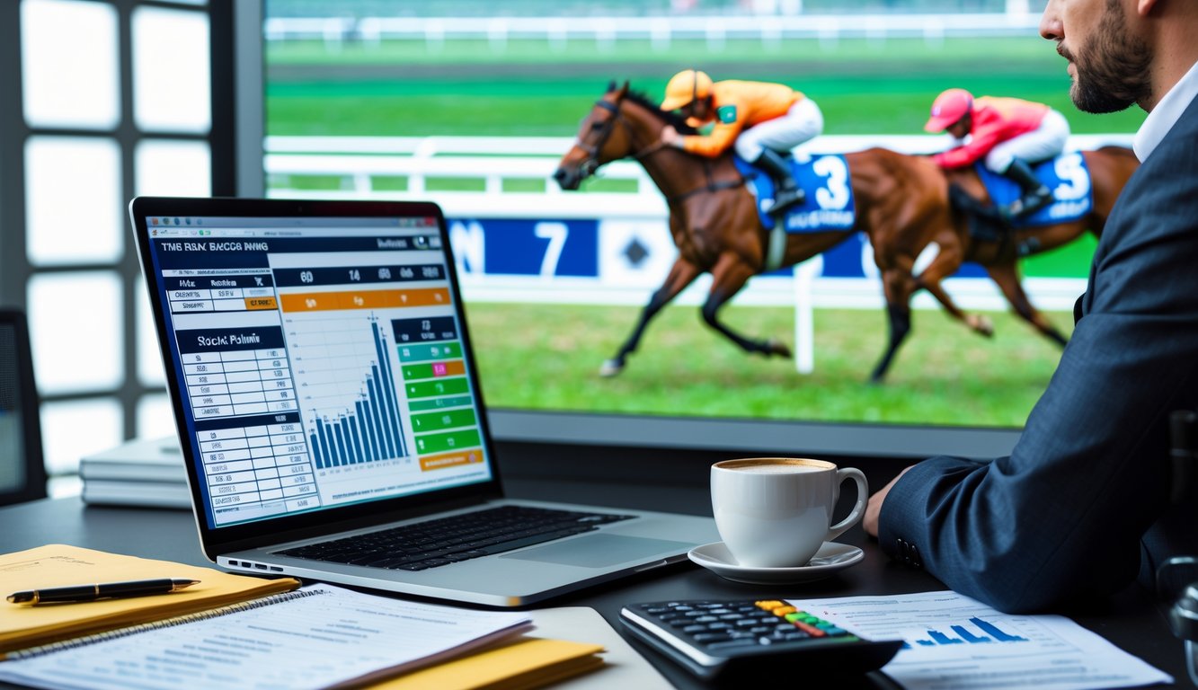 Seorang pria duduk di meja dengan laptop yang menampilkan statistik balap kuda, dikelilingi oleh catatan dan kalkulator, dengan layar besar yang menunjukkan balapan kuda di latar belakang.