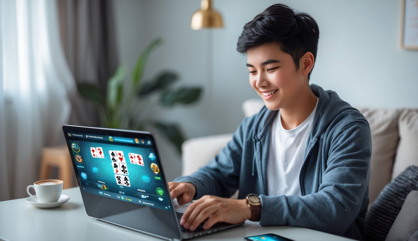 Seorang pemula bermain permainan kartu online di laptop di ruang tamu yang nyaman.