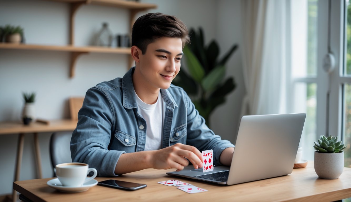 Seorang dewasa muda sedang bermain permainan kartu online di laptop di ruang tamu yang nyaman dengan cahaya alami.
