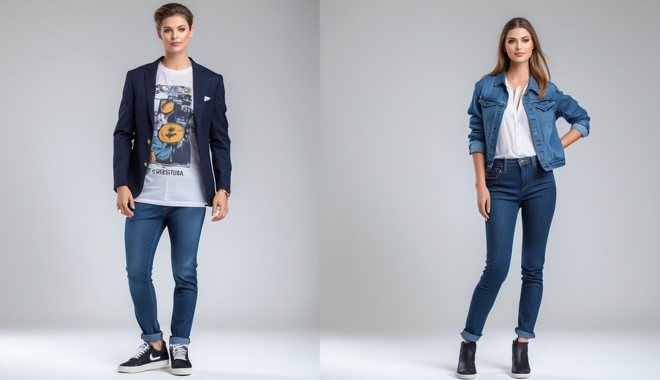 Seorang pria dan wanita berdiri berdampingan mengenakan pakaian kasual yang modis dan serasi.