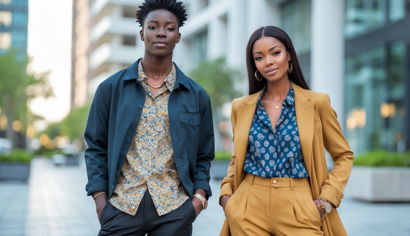 Seorang pria dan wanita muda berdiri berdampingan di lingkungan perkotaan mengenakan pakaian modis yang dipadupadankan dengan gaya kekinian.