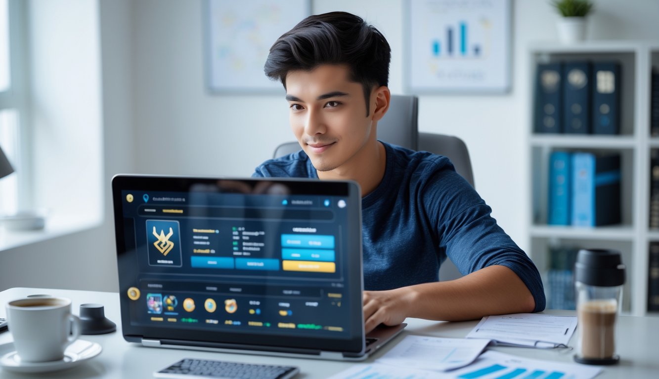 Seorang pria muda duduk di meja dengan laptop dan catatan, fokus bermain permainan kartu online dalam suasana ruangan yang terang.