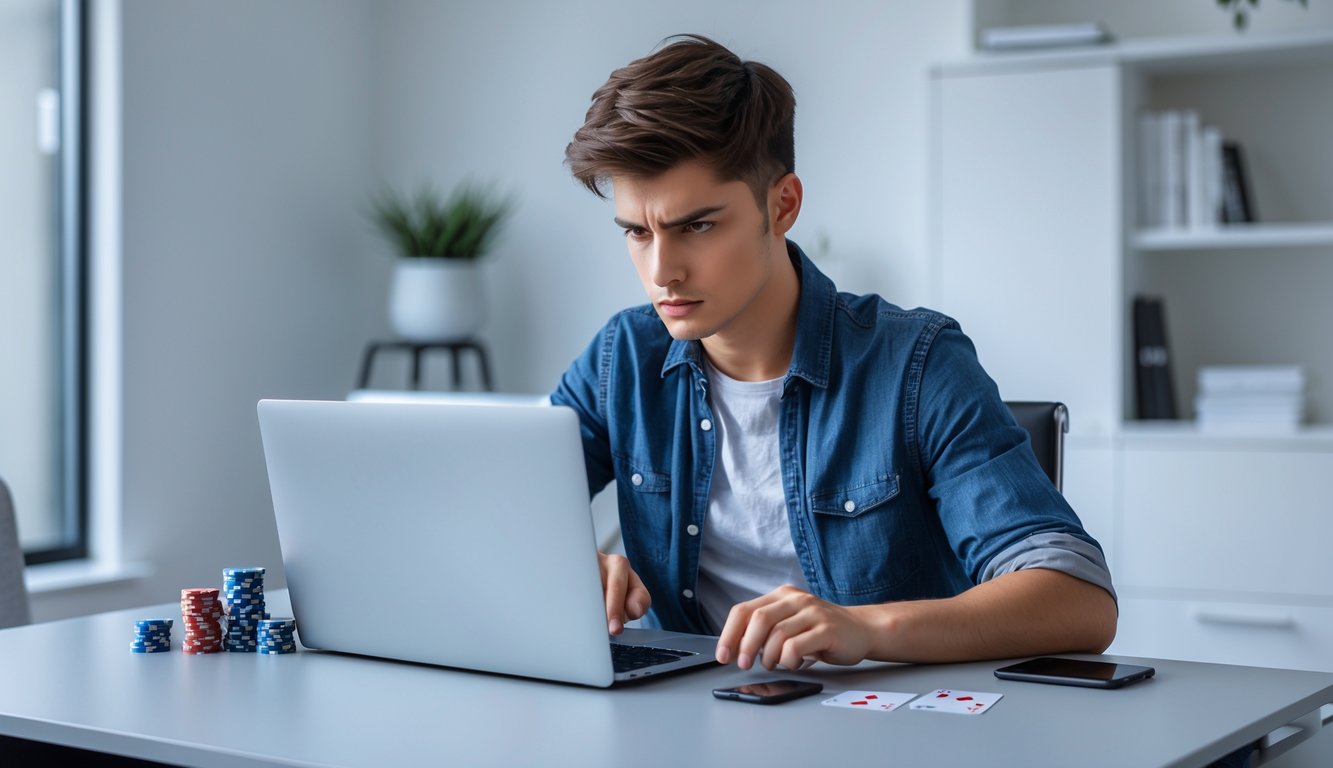 Seorang pria muda fokus bermain permainan kartu online di laptop di ruang kerja modern dengan chip poker dan kartu di meja.