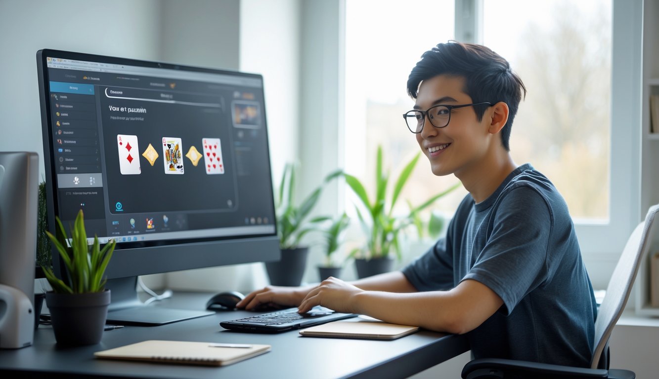 Seorang dewasa muda duduk di meja kerja dengan komputer menampilkan permainan kartu digital, suasana ruangan terang dan nyaman dengan tanaman dan dekorasi minimalis.