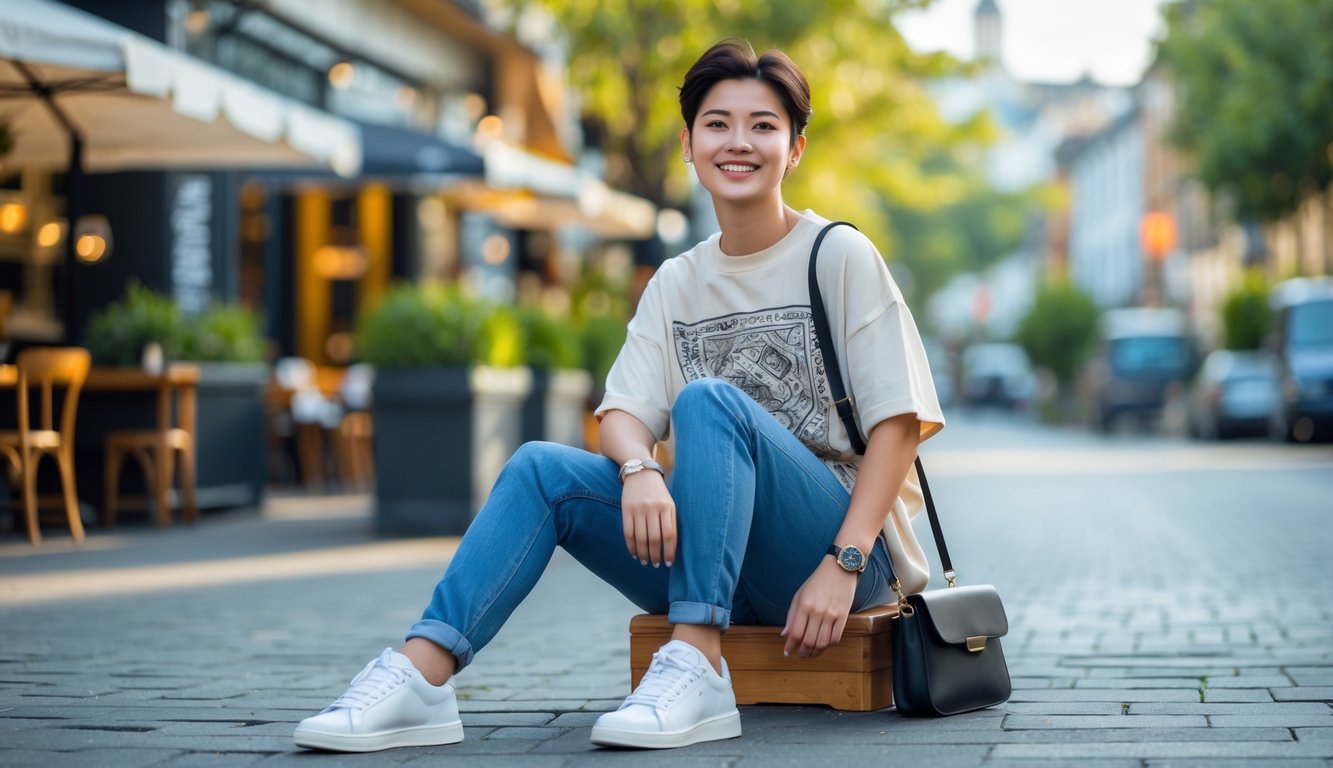 Seorang muda sedang bersantai di jalan kota dengan pakaian kasual yang modis dan nyaman.