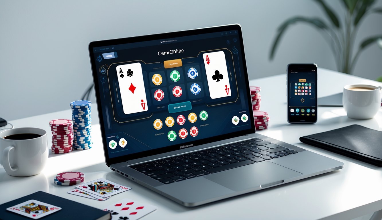 Seorang pria duduk di depan laptop dengan tampilan permainan kartu online, dikelilingi chip poker dan kartu remi di meja kerja yang rapi.