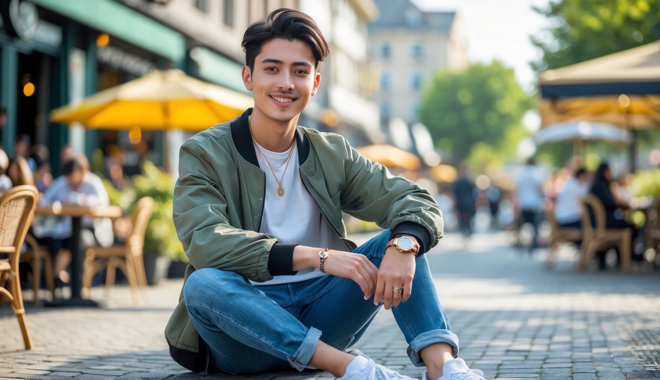Seorang muda sedang bersantai di luar ruangan dengan pakaian kasual dan modis di latar belakang kota yang ramai.