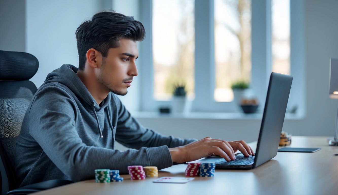 Seorang pria muda fokus bermain permainan kartu online di depan laptop dengan chip poker di meja.