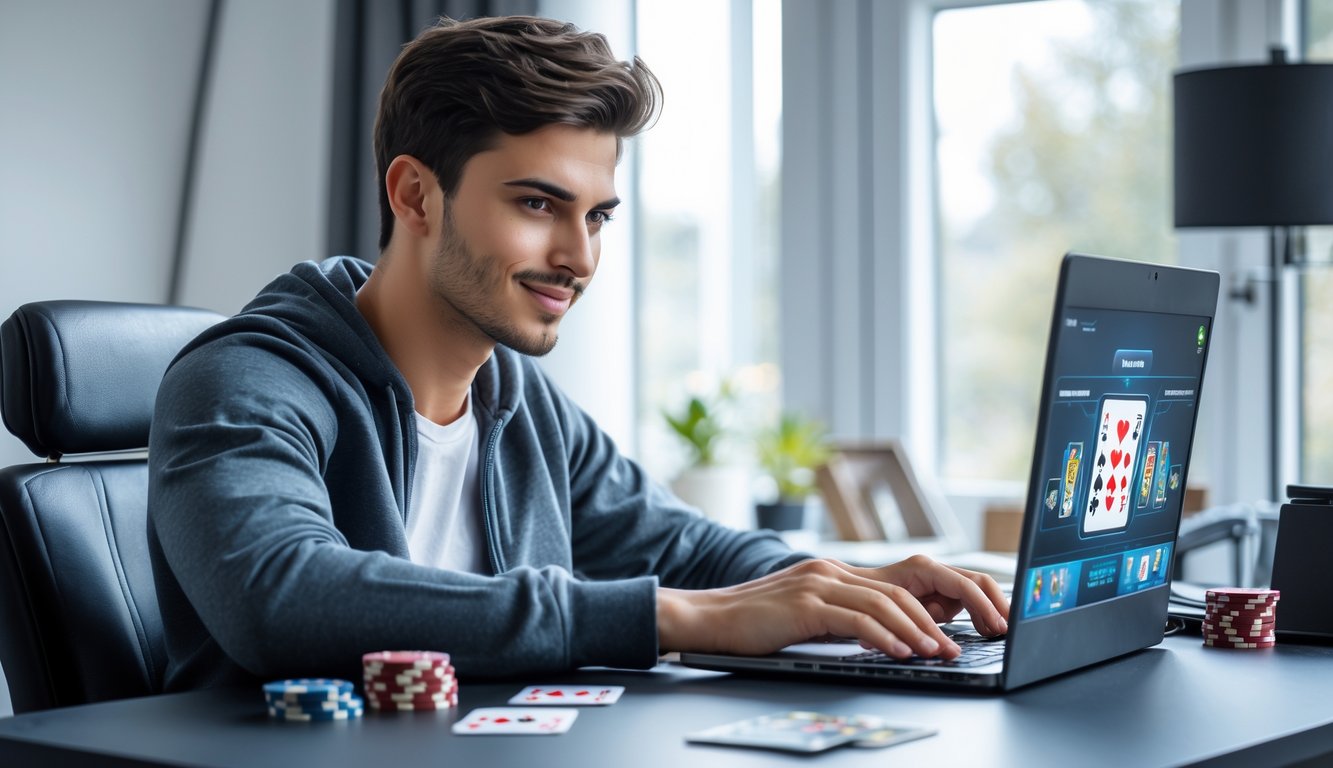 Seorang pria muda duduk di meja modern sambil bermain kartu online di laptop dengan ekspresi fokus dan percaya diri.